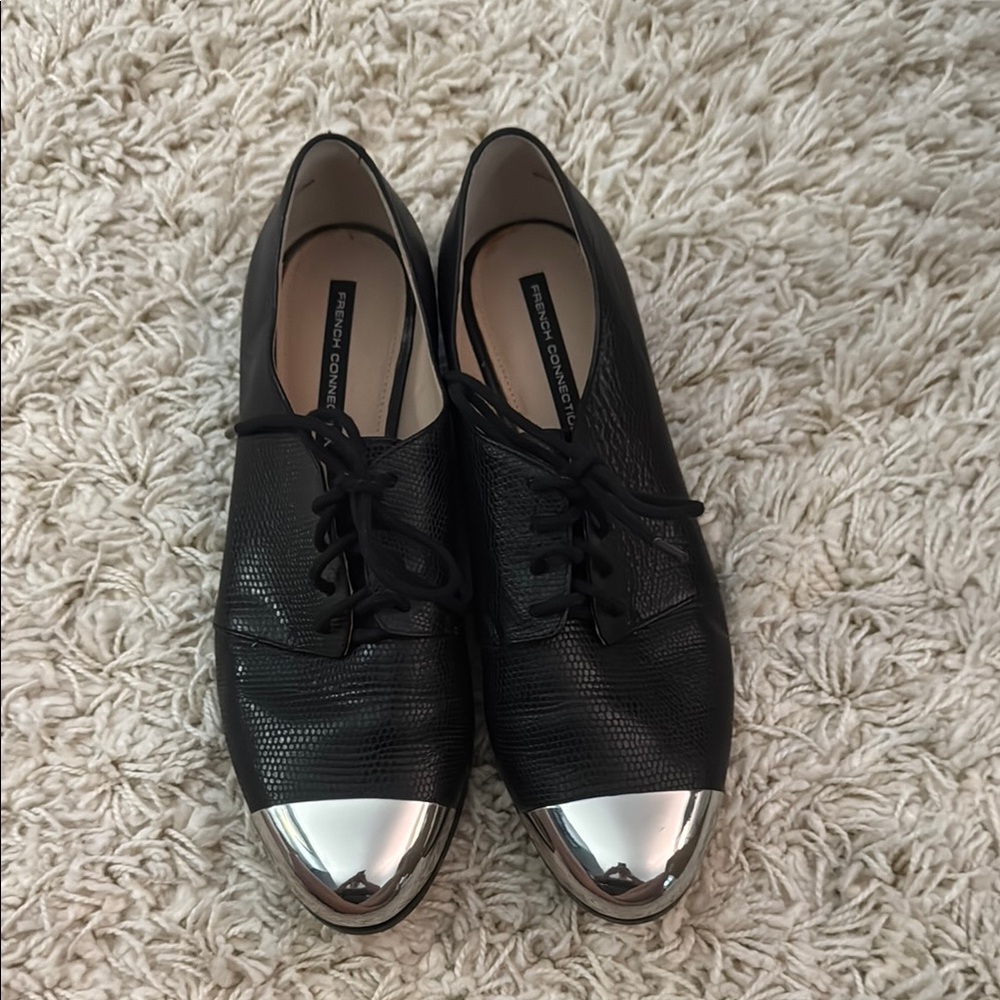 French Connection Black and Silver Flats with Metallic Toe